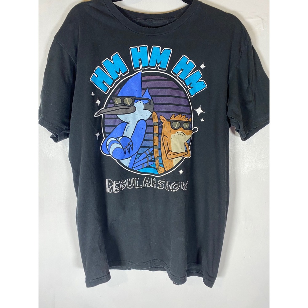 Regular Show Mordecai Rigby Graphic T Shirt Black Cartoon Network Tee L Cotton